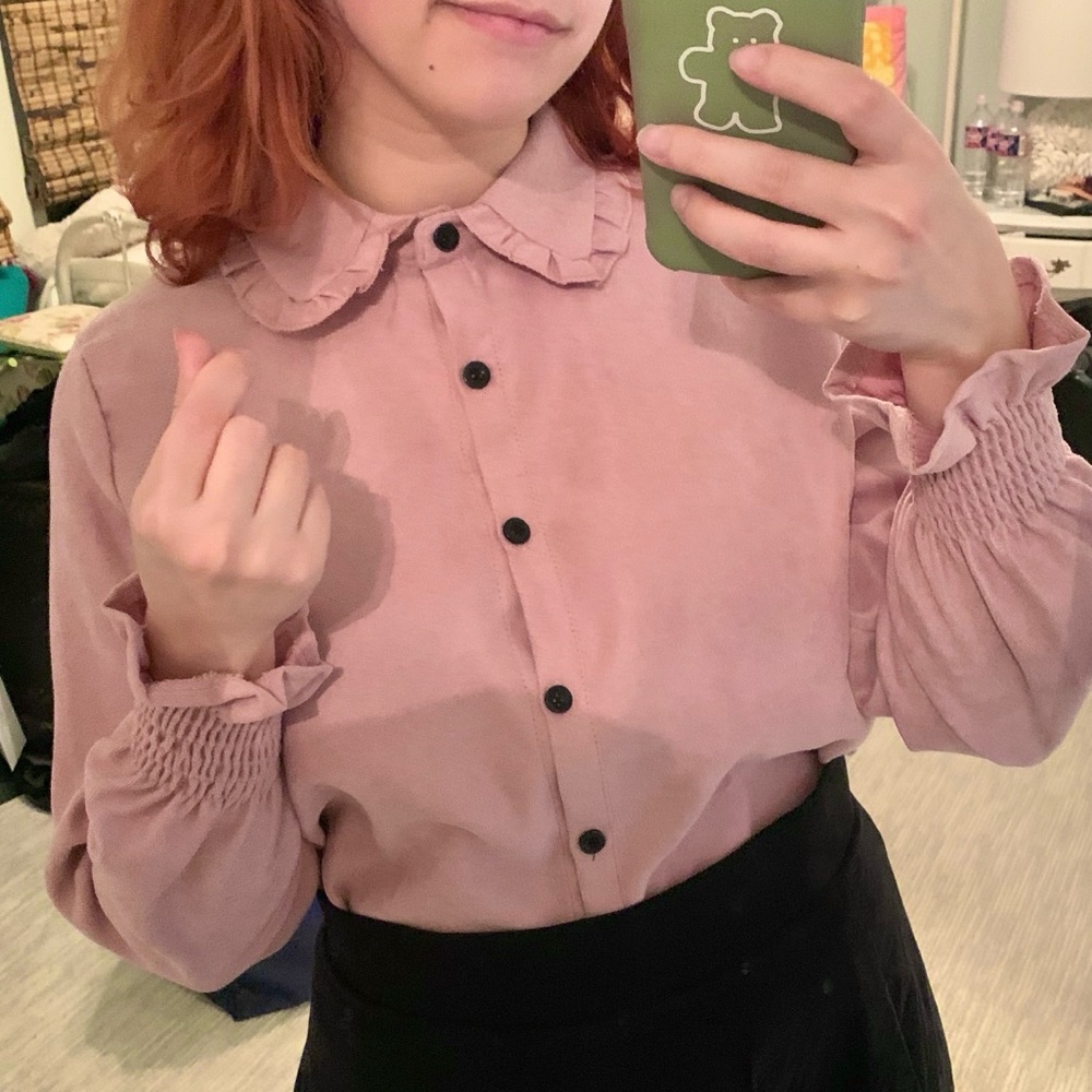 pink Peter Pan collar ruffle long sleeve blouse